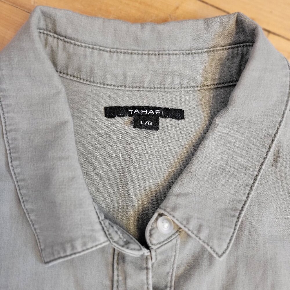 Tahari Light Gray Long Sleeve Button Front Shirt Large Cotton Stretch - Picture 3 of 7